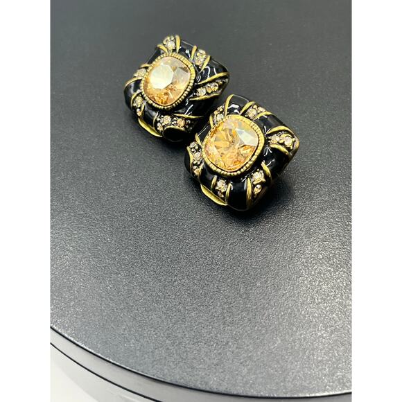 Heidi Daus Vintage Black Enamel Sparkling Yellow Crystal Center Clip On Earrings - Picture 2 of 9